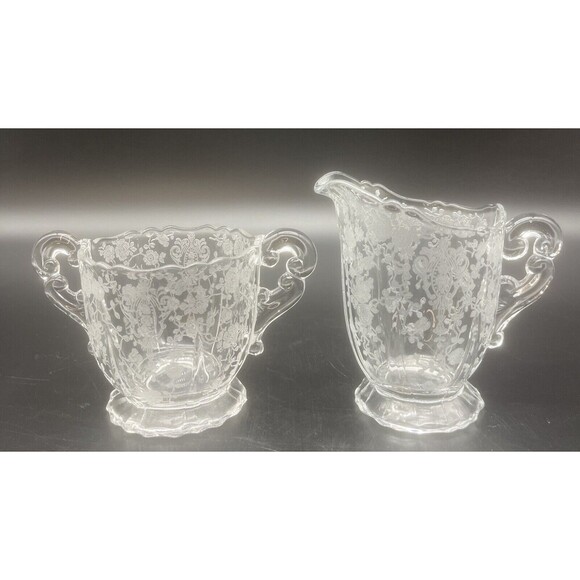 VTG Cambridge Rose Point Etched Creamer & Open Sugar Bowl Elegant Set - Picture 1 of 13